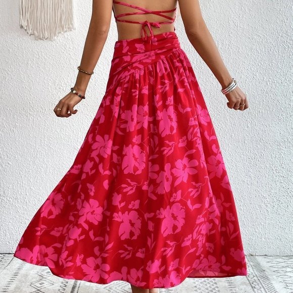 Pink Boho Womens Floral Print One Shoulder Cut Out Waist Ruffle Hem Dress - Picture 2 of 5